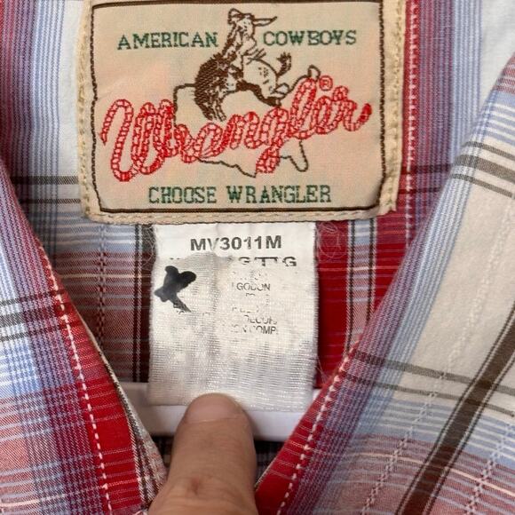 Wrangler Sz XL-short sleeve-pearl snap-button up-red.brown.blue - Picture 3 of 5